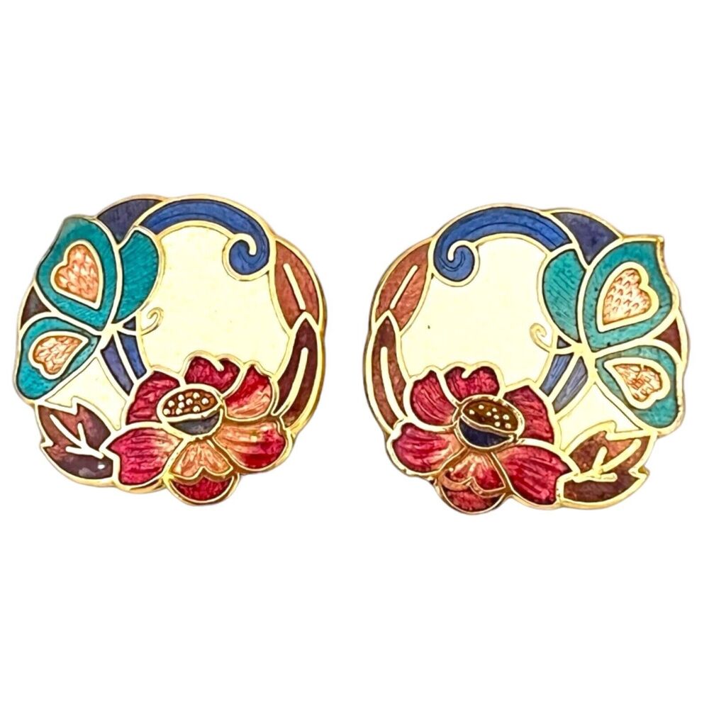 Vintage 1980s Cloisonne Earrings Floral Butterfly Gold Tone Pierced - 4M